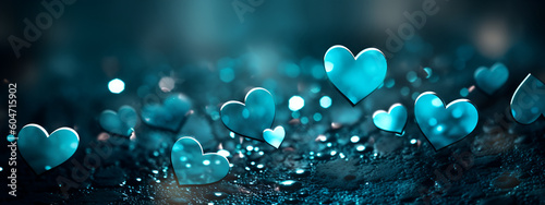 Abstract background with blue hearts bokeh, blue gradient. Valentine's day father's mother's day concept, banner. AI generated