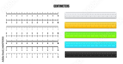 Realistic metal rulers with black centimeter scale for measuring length or height. Various measurement scales with divisions. Ruler, tape measure marks, size indicators. Vector illustration