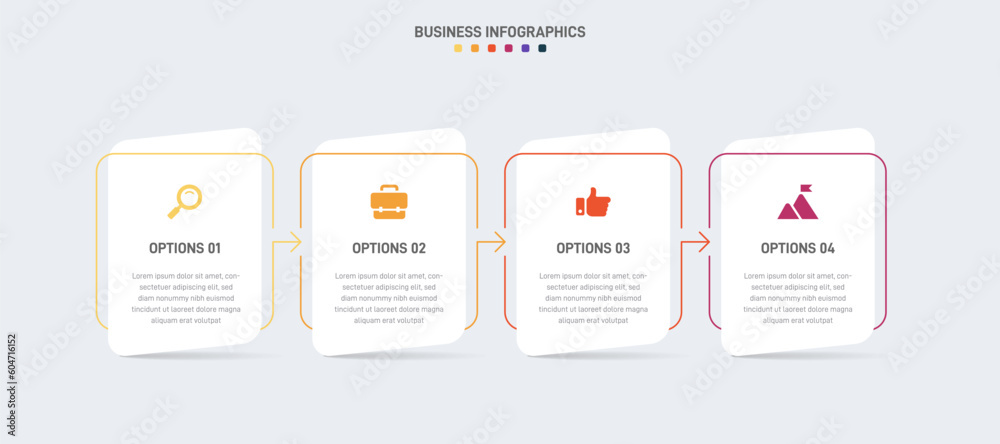 Timeline infographic with infochart. Modern presentation template with 4 spets for business process. Website template on white background for concept modern design. Horizontal layout.