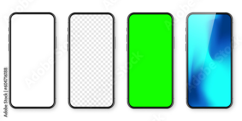 Smartphone with blank touch screen and abstract colorful wallpaper, green chroma key background. Frameless mobile phone in front view. High quality detailed device mockup. Vector illustration