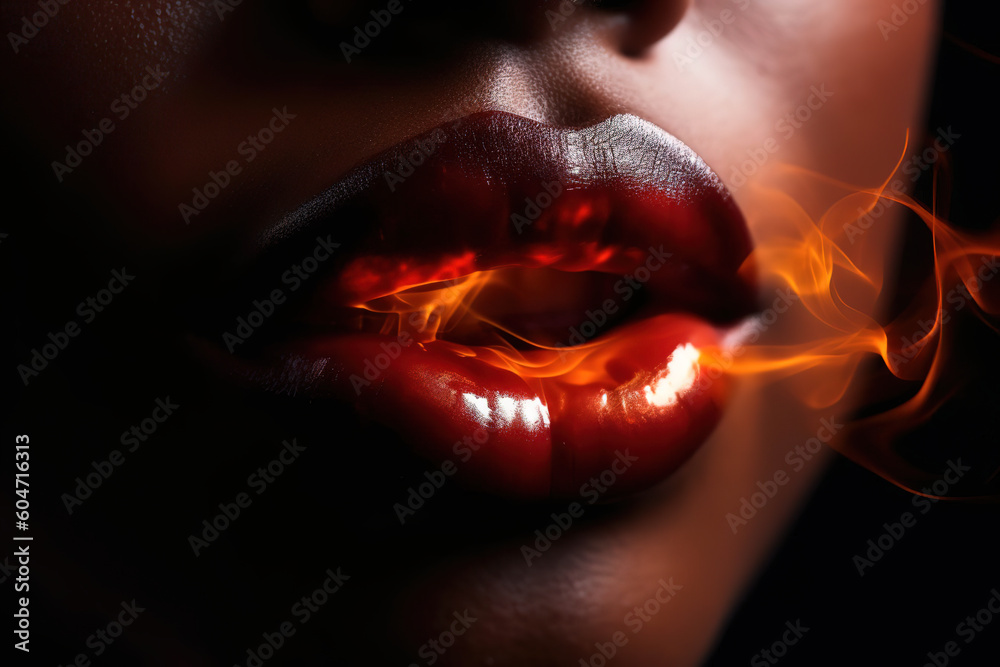  lips in flame fire of black woman, passion, love and sex on dark background, generative ai. - obrazy, fototapety, plakaty 