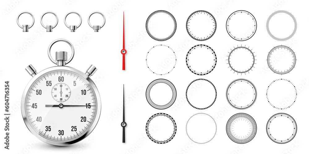 Naklejka premium Classic stopwatch with clock faces. Shiny metal chronometer, time counter with dial. Countdown timer showing minutes and seconds. Time measurement for sport, start and finish. Vector illustration