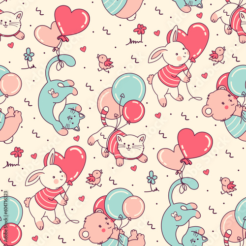 Seamless pattern with little adorable flying animals and balloons. Tile funny Birthday party background, pastel colors. Fun cartoon style characters. Gift wrapping paper, fabric design.