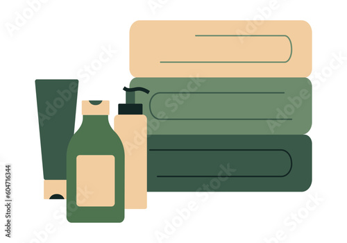 A stack of towels and cosmetics. Shampoo, conditioner and gel. Hygiene products in the bathroom or shower in the hotel. Terry towels. Purity. Vector illustration.