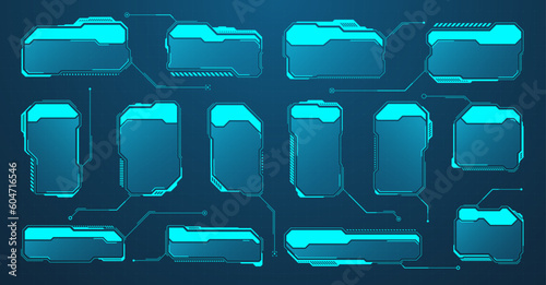 Blue futuristic HUD or UI elements. Sci-fi user interface text boxes, callouts. Warning message frames, information boxes template. Modern game interface layout in digital style. Vector illustration