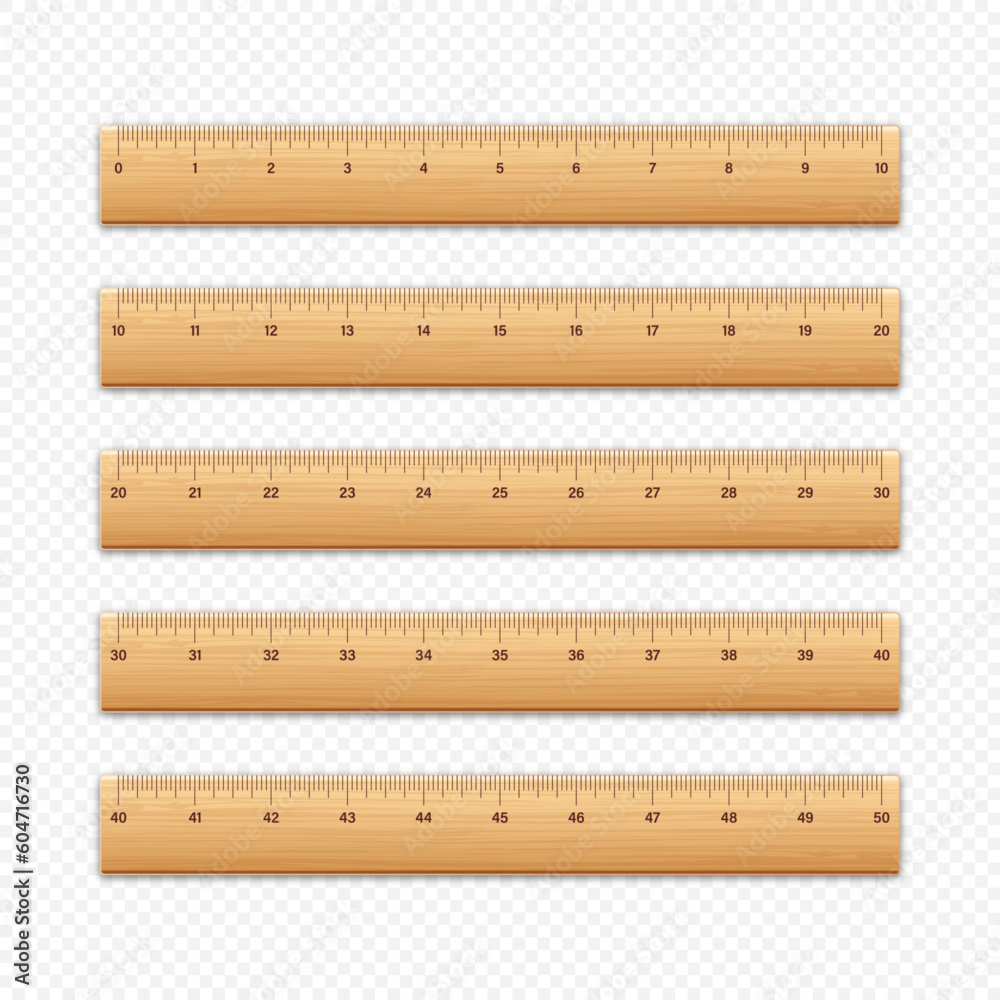 Realistic various wooden rulers with measurement scale and divisions