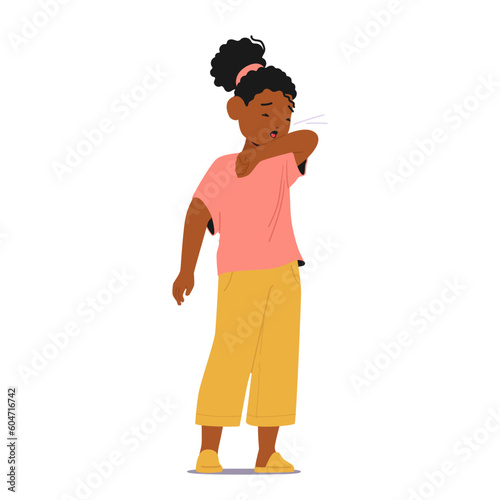 African American Child Sneeze And Cough into Elbow. Kid with Symptoms Of Contagious Illness, Spreading Germs