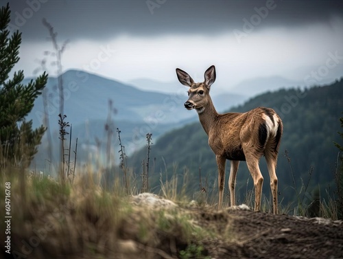 Tablou canvas A majestic deer stands on its hind legs, intrigued by the vast mountain view amidst a cloudy sky