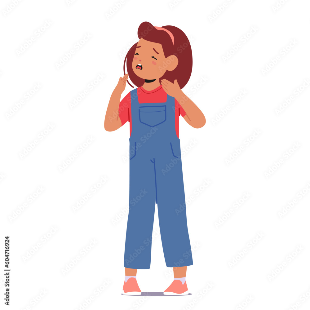 Child Sneeze And Cough, Symptoms Of Illness, Potential Contagion. Little Girl Character Need For Rest And Hydration Child Sneeze And Cough, Symptoms Of Illness, Potential Contagion. Little Girl Character Need For Rest And Hydration
