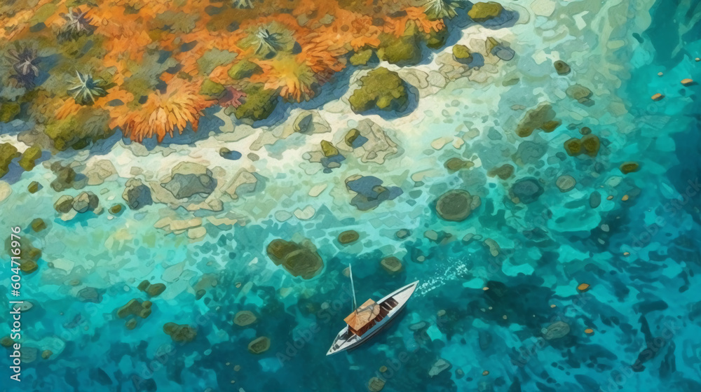 Naklejka premium An aerial shot of a tropical island's lagoon, with shallow turquoise waters and coral formations creating intricate patterns beneath the surface. AI generative