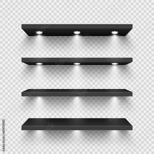 Realistic black store shelves with lighting, spotlights. Empty product shelf, grocery wall rack. Mall and supermarket furniture, bookshelf. Modern interior design element. Vector illustration