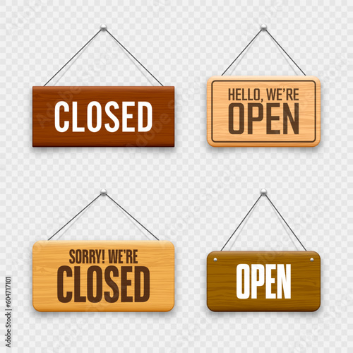 Wooden open or closed hanging signboards. Made of wood door sign for cafe, restaurant, bar or retail store. Announcement banner, information signage for business or service. Vector illustration