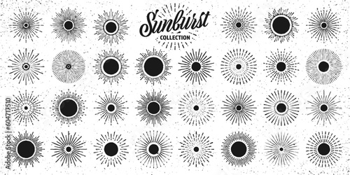 Vintage grunge sunburst, sunset beams. Hand drawn bursting sun, light rays. Logotype or lettering design element in retro style. Vector illustration