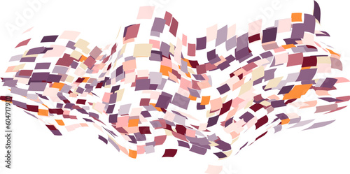 Scattered square particles ornament. Mosaic flight wind. Windy destroyed cell wall. Flight colored tiles flock direction stream.Leaf fall conditional parts single whole. Crash curved surface.