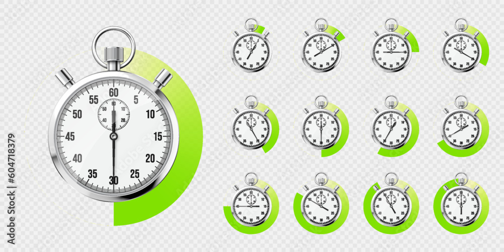 Realistic classic stopwatch. Shiny metal chronometer, time counter with dial. Green countdown timer showing minutes and seconds. Time measurement for sport, start and finish. Vector illustration Realistic classic stopwatch. Shiny metal chronometer, time counter with dial. Green countdown timer showing minutes and seconds. Time measurement for sport, start and finish. Vector illustration