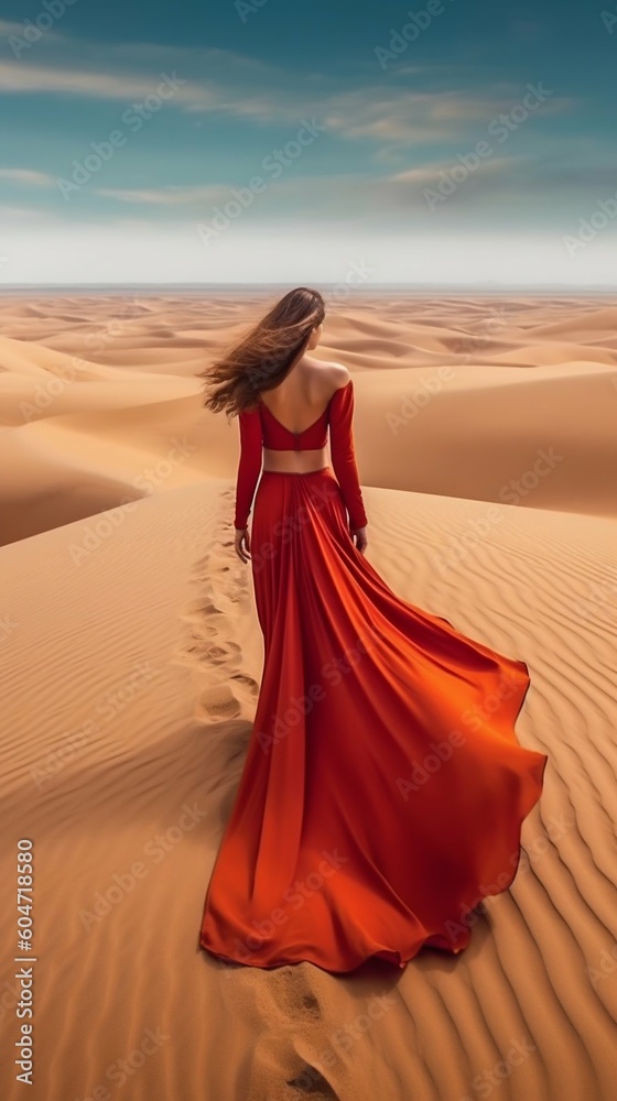 Woman Walking Through Sand Dunes in a Red Dress. Generative ai Woman Walking Through Sand Dunes in a Red Dress. Generative ai