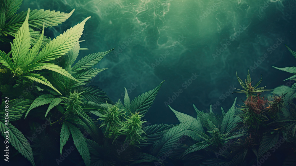 Hintergrunddesign von Hanfpflanzen (Cannabis) mit Blüten und Rauch (Generative AI)