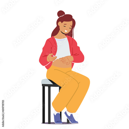 Woman Self-administers Insulin Injection Into Belly. Female Character Managing Diabetes With Personalized Care