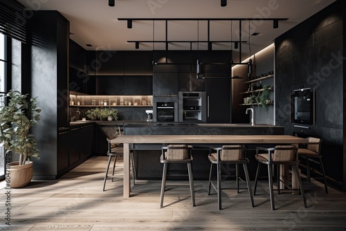 Interior view of a kitchen and eating area with a bar stand  stools in black  an oven  and a dining table and chairs. an angle. two exposure tonal picture. Generative AI