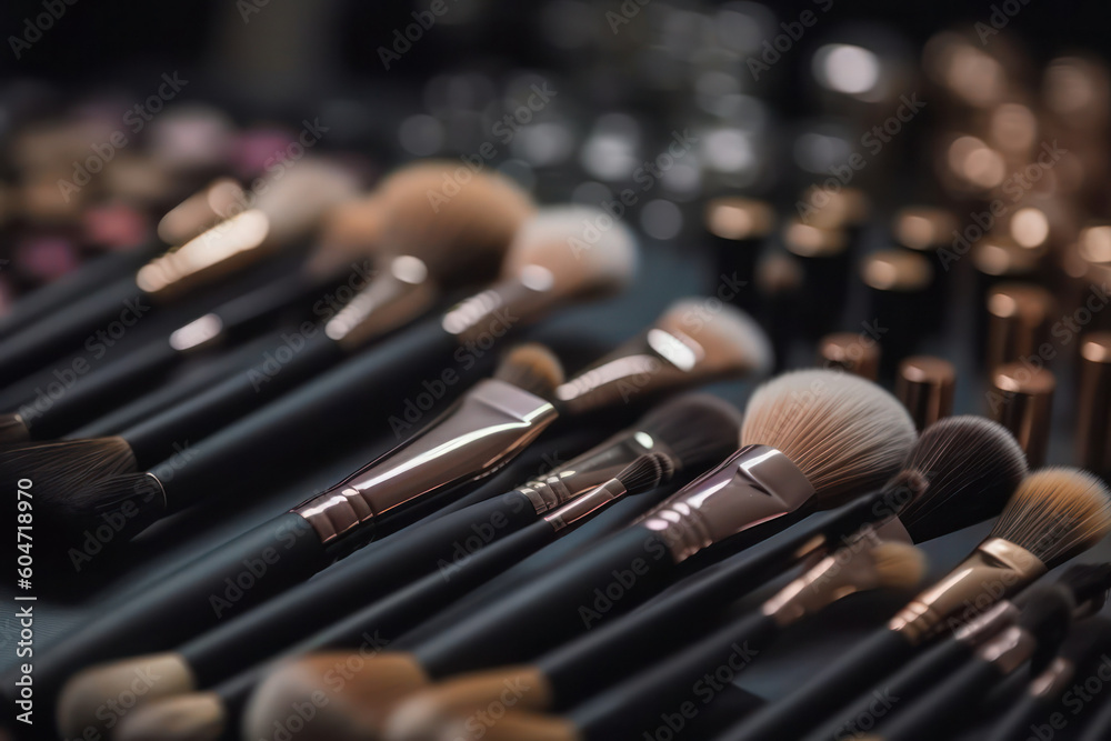 makeup brushes at the workplace of the make-up artist next to the cosmetics. Neural network AI generated. Generative AI makeup brushes at the workplace of the make-up artist next to the cosmetics. Neural network AI generated. Generative AI