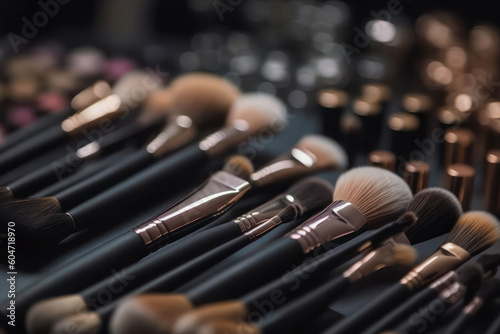 makeup brushes at the workplace of the make-up artist next to the cosmetics. Neural network AI generated. Generative AI © Margo_Alexa