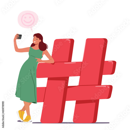 Tiny Woman Character With Smartphone Captures A Selfie Near Huge Red Hashtag Sign, Symbolizing The Modern Age