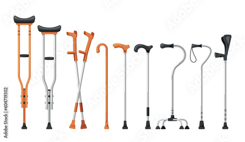 Mobility Aids For Assistance. Set Of Crutches And Walking Canes, Providing Support And Stability, Helping Individuals