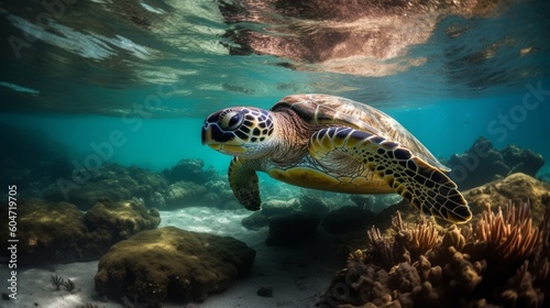Underwater shot of a sea turtle   ai  ai generative  illustration