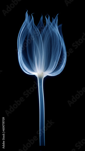X - ray photo of transparent lotus bud, white and royal blue. AI generative