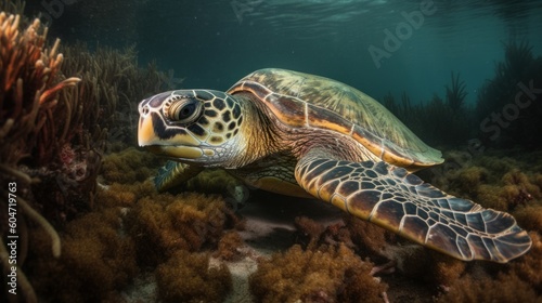 Underwater shot of a sea turtle , ai, ai generative, illustration © ME_Photography
