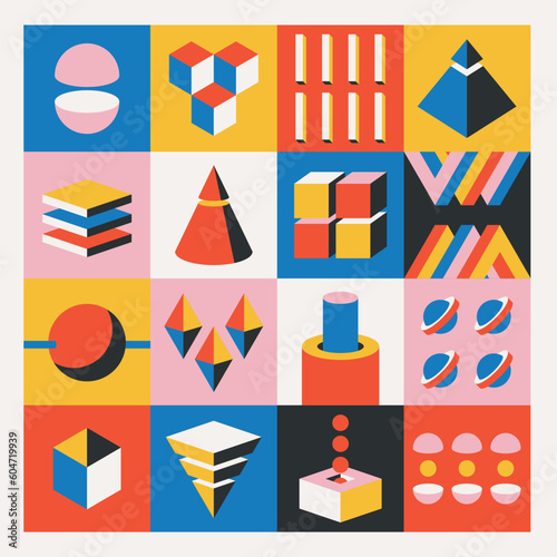 Bauhaus Pattern Features Volumetric Figures And Geometric Shapes In Bold And Contrasting Colors, Vector Illustration
