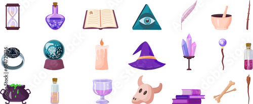 Wizard tools icons set cartoon vector. Magic wand. Show trick