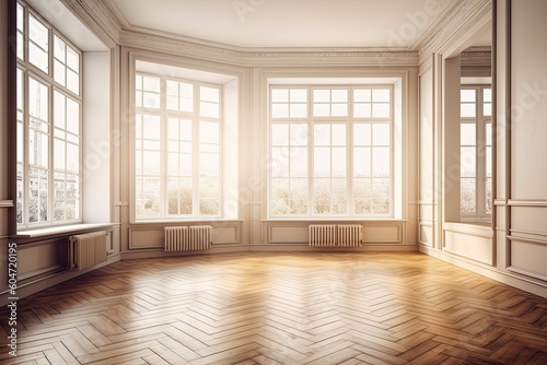 Interior, empty corner with four windows, light colored, glossy parquet flooring, and a white plinth. Perspective view of a room. a Work Path on the Windows, please. Ultra HD 8. Generative AI