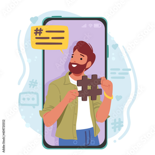 Man Character Holding Hashtag Sign On Smartphone Screen, Symbolizing Social Media Trends, Online Engagement