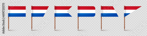 Realistic various Dutch toothpick flags. Souvenir from Netherlands. Wooden toothpicks with paper flag. Location mark, map pointer. Blank mockup for advertising and promotions. Vector illustration