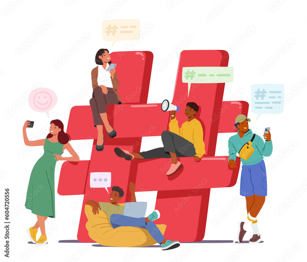 Tiny Characters With Smartphones Gather Near Huge Red Hashtag Sign, Representing The Digital Era's Influence Tiny Characters With Smartphones Gather Near Huge Red Hashtag Sign, Representing The Digital Era's Influence