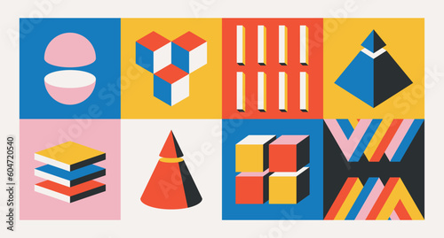 Geometric Bauhaus Pattern Showcasing Volumetric Figures, Highlighting The Interplay Of Shapes, Lines, And Angles