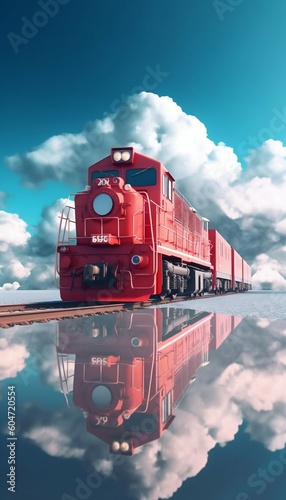 Red Locomotive Traveling Through Blue Clouds. Generative ai