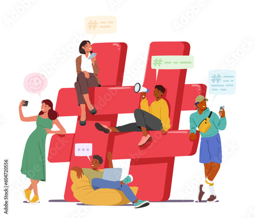 Tiny Characters With Smartphones Gather Near Huge Red Hashtag Sign, Representing The Digital Era's Influence