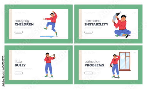 Mischievous Boy Landing Page Template. Set Character Wreaking Havoc, Causing Mischief And Chaos Wherever He Goes