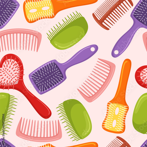 Seamless Pattern Featuring Hair Brushes In A Variety Of Styles And Sizes. Repeated Background Perfect For Hairdressers