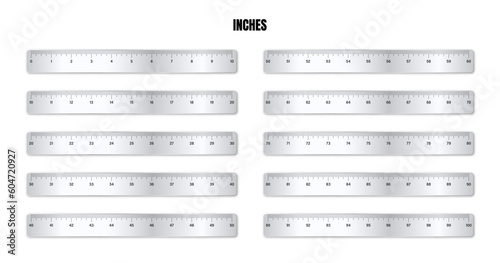 Realistic various shiny metal rulers with measurement scale and divisions, measure marks. School ruler, inch scale for length measuring. Office supplies. Vector illustration