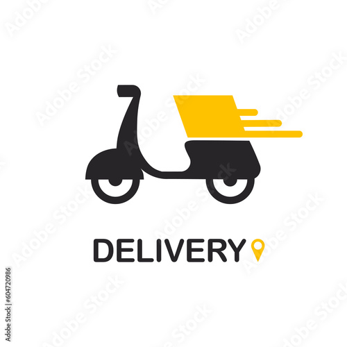 Express delivery by motorbike. Motorcicle silhouette logo. Scooter with package product box. Fast shipping service icon. Vector illustration isolated.