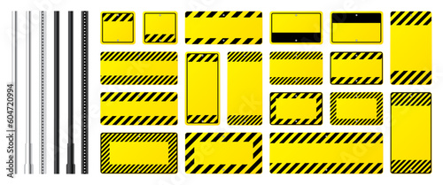 Warning, danger signs, attention banners with metal poles. Blank yellow caution sign, construction site signage. Notice signboard, warning banner, road shield. Vector illustration
