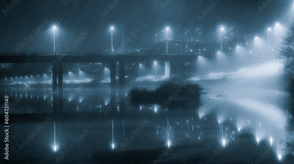 Night image of a bridge saving a river