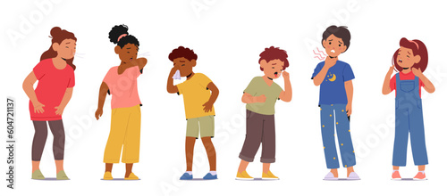 Sneezing And Coughing Kids. Characters with Infection Illness Symptoms, Such As Cold Or Flu, Allergies, Or Irritants