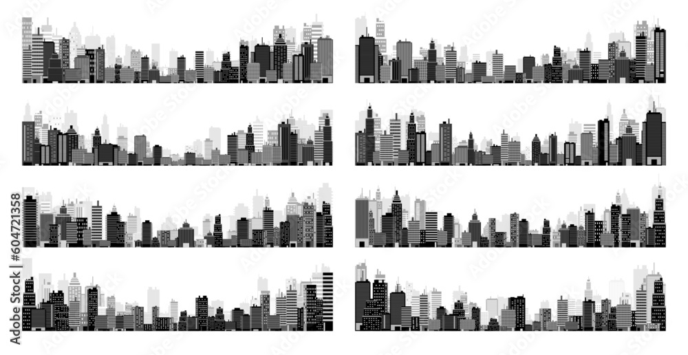 Obraz premium City silhouettes. Cityscape, town skyline, horizontal panorama. Midtown, downtown with various buildings, houses and skyscrapers. Vector illustration