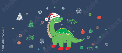 Vector New Year's dragon in a Santa Claus hat. The symbol of 2024 year. A green raptor dinosaur with a Christmas tree, toys and snowflakes on a blue background.