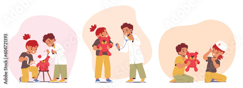 Children Characters Engage In Imaginative Play As Doctors, Pretending To Diagnose And Treat Patients With Toy Instrument