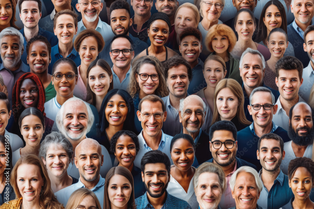 Multi ethnic people of different ages looking at camera. Crowd of diverse people. Generative AI